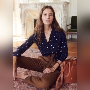 Sezane Florence Silk Shirt in Navy with Ecru Dots - Size 36